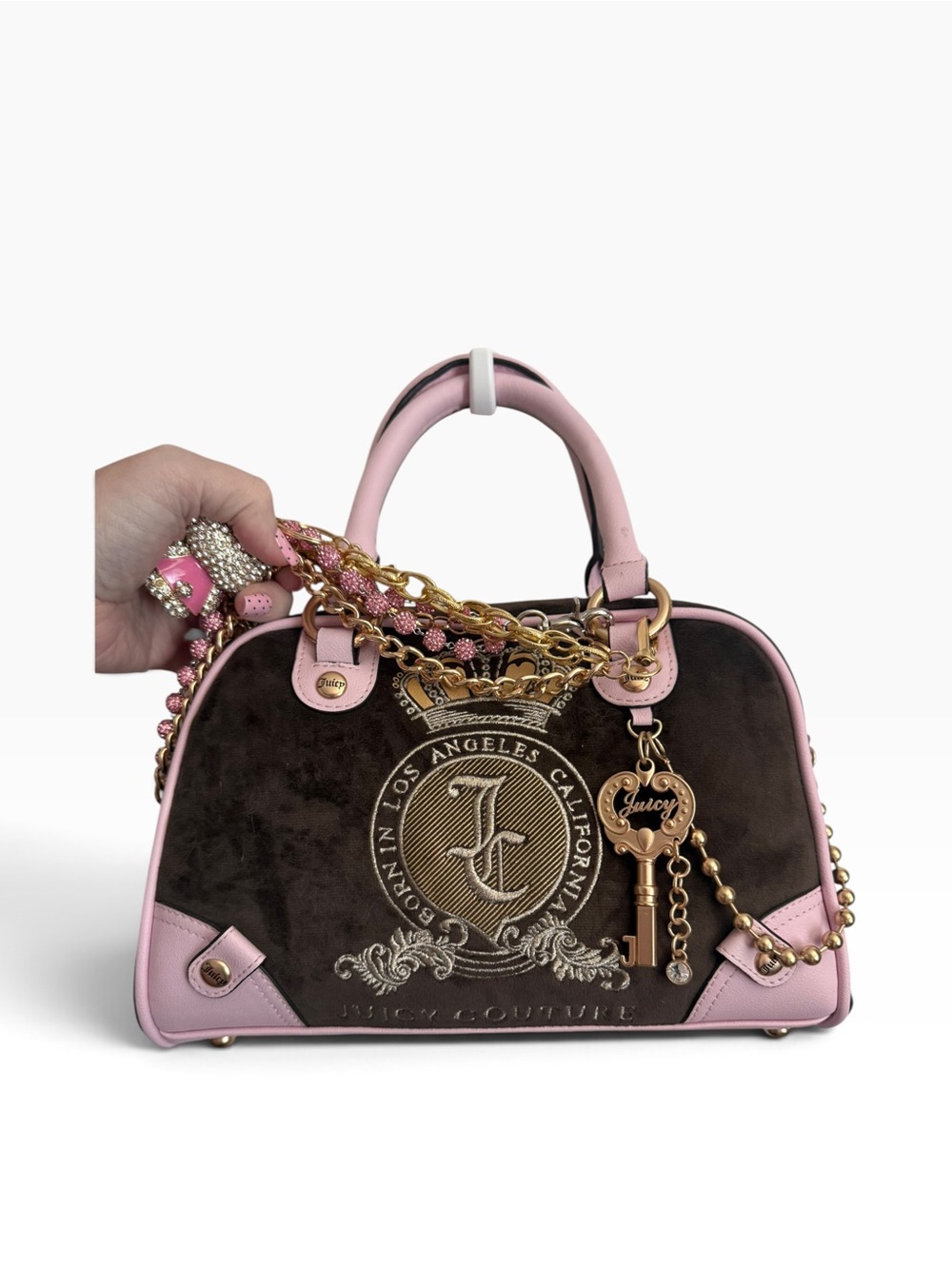 Juicy Couture Pink & Brown Velvet Top-Handle Satchel with Gold Accents
